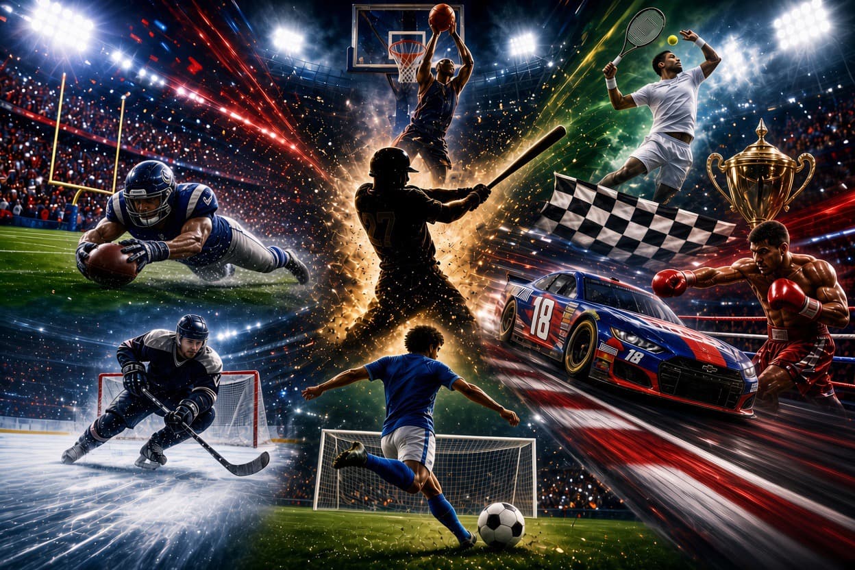 Collage of football, basketball, baseball, tennis, hockey, soccer, NASCAR and boxing under stadium lights